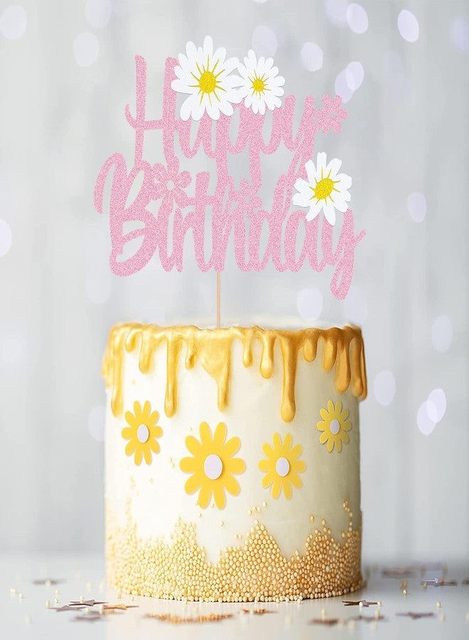 كونفيتي زينة كعكة عيد ميلاد مزينة بزهرة الأقحوان الوردية المتلألئة - زهور أقحوان بيضاء لامعة - لوازم حفلات عيد ميلاد صيفية - زينة حفلات أعياد ميلاد الأطفال - Image 4